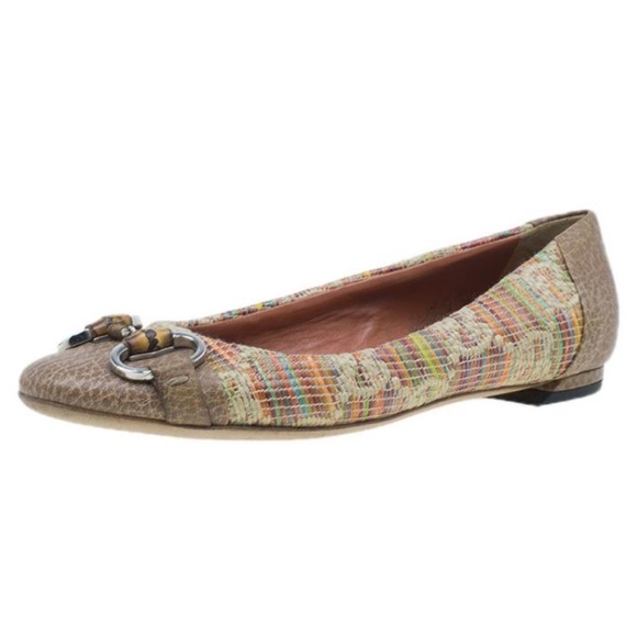 GUCCI Multi Tweed Raffia Tan Leather Horsebit Ballet Flats 37 or 7 in women - Picture 2 of 14